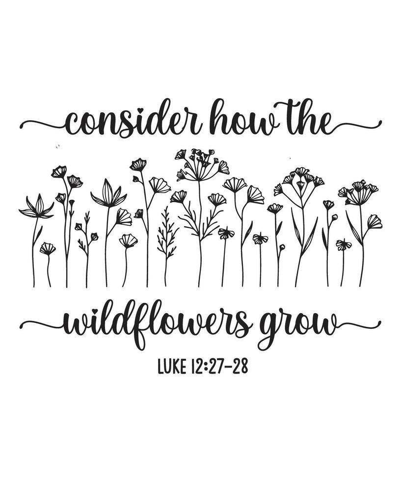 Consider How the Wildflowers Grow Christian Inspirational Design with Bible Verse Luke 12 27 28 vector