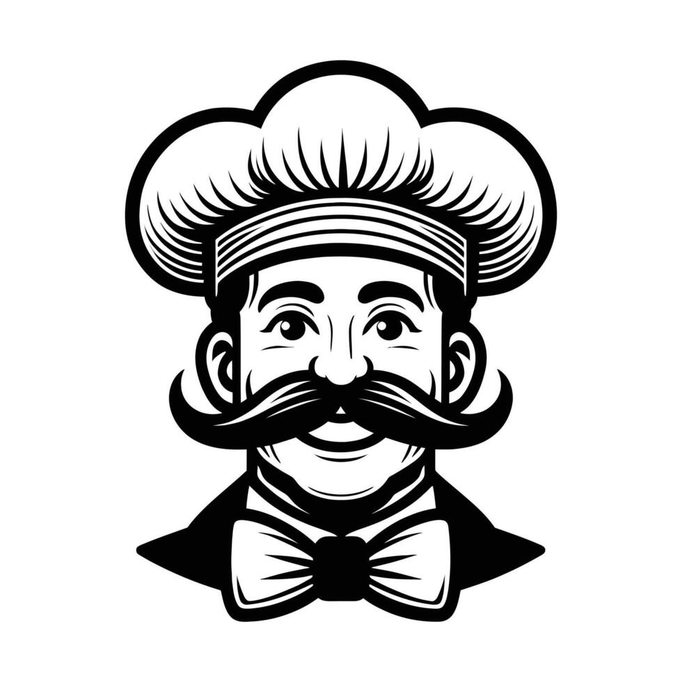 Happy Retro Chef Illustration with Curly Mustache and Bow Tie Classic Black and White Culinary Character Logo Drawing for Restaurant Branding on White Background vector