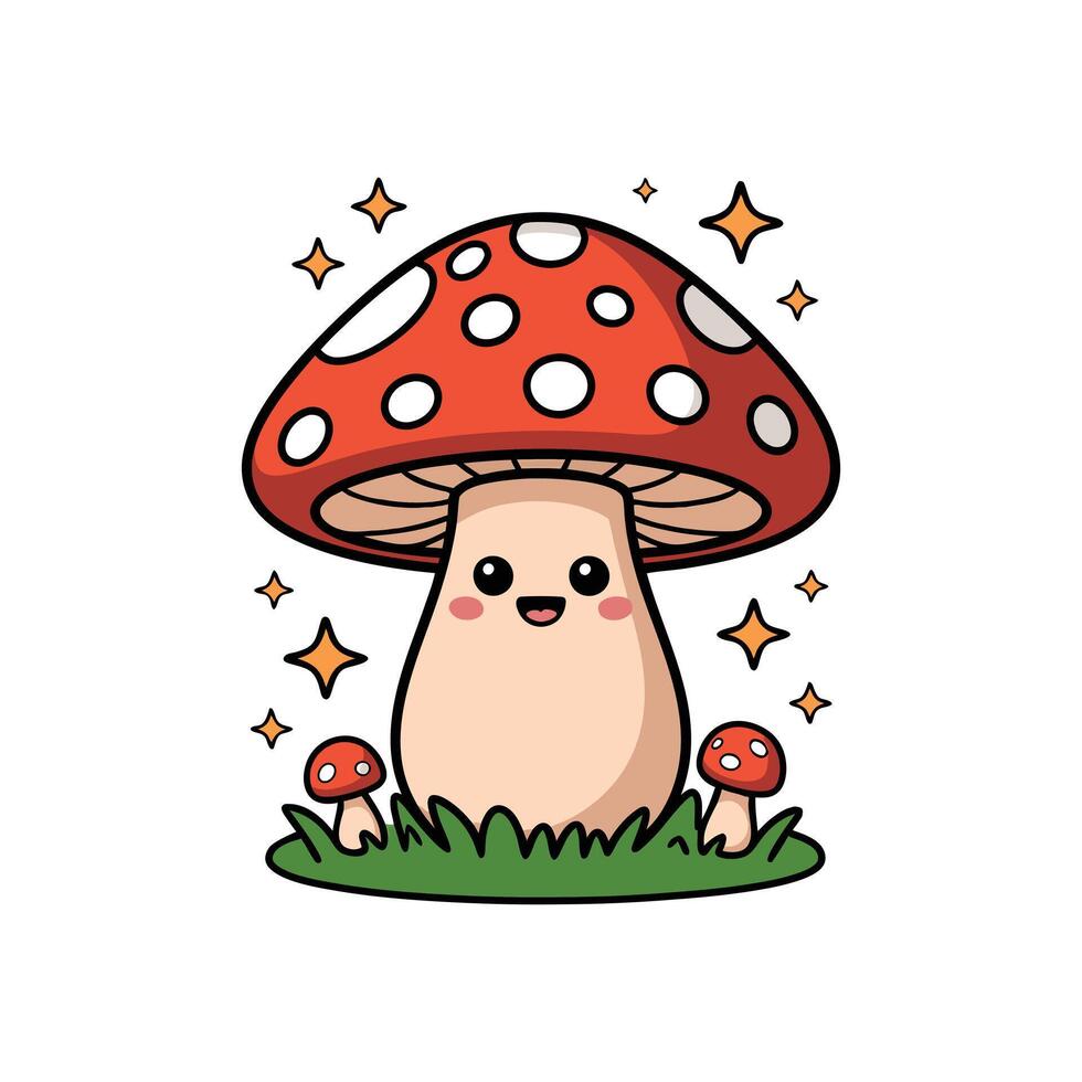 Cute Happy mushroom cartoon Sticker icon with sparkling on Grass Illustration for kids apparels and Learning books. vector