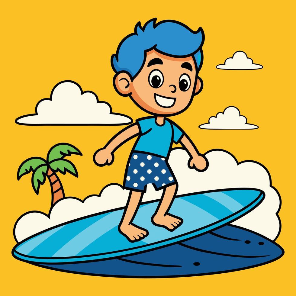 a cartoon boy riding a surfboard on a beach vector