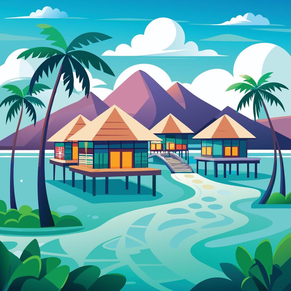tropical island with huts and palm trees vector