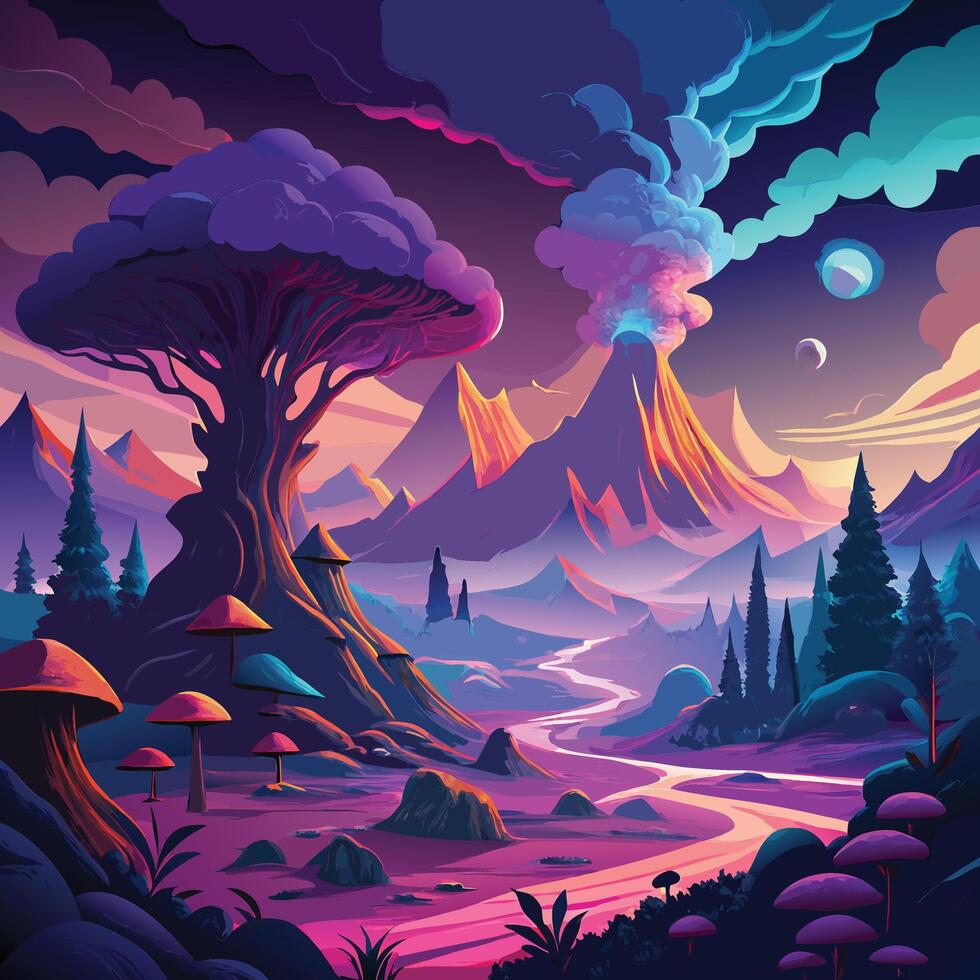a colorful fantasy landscape with mushrooms and trees vector