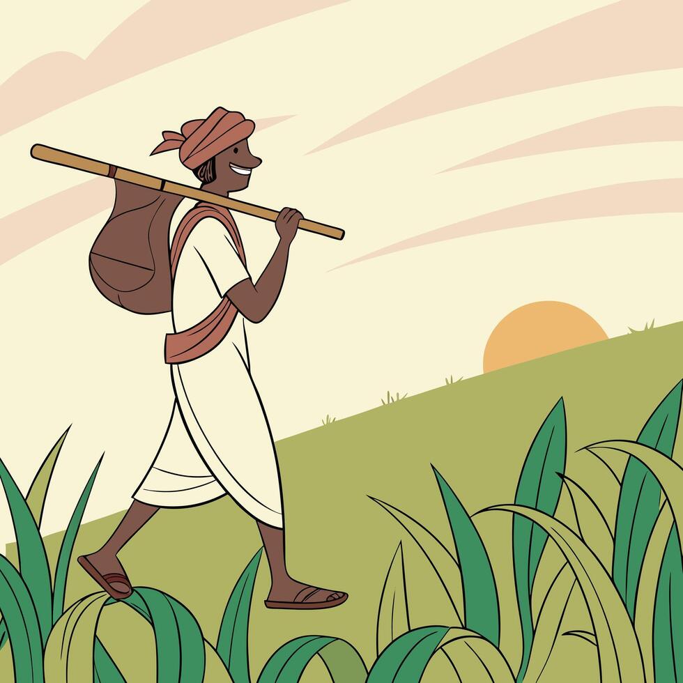 an illustration of a man walking through a field with a stick vector