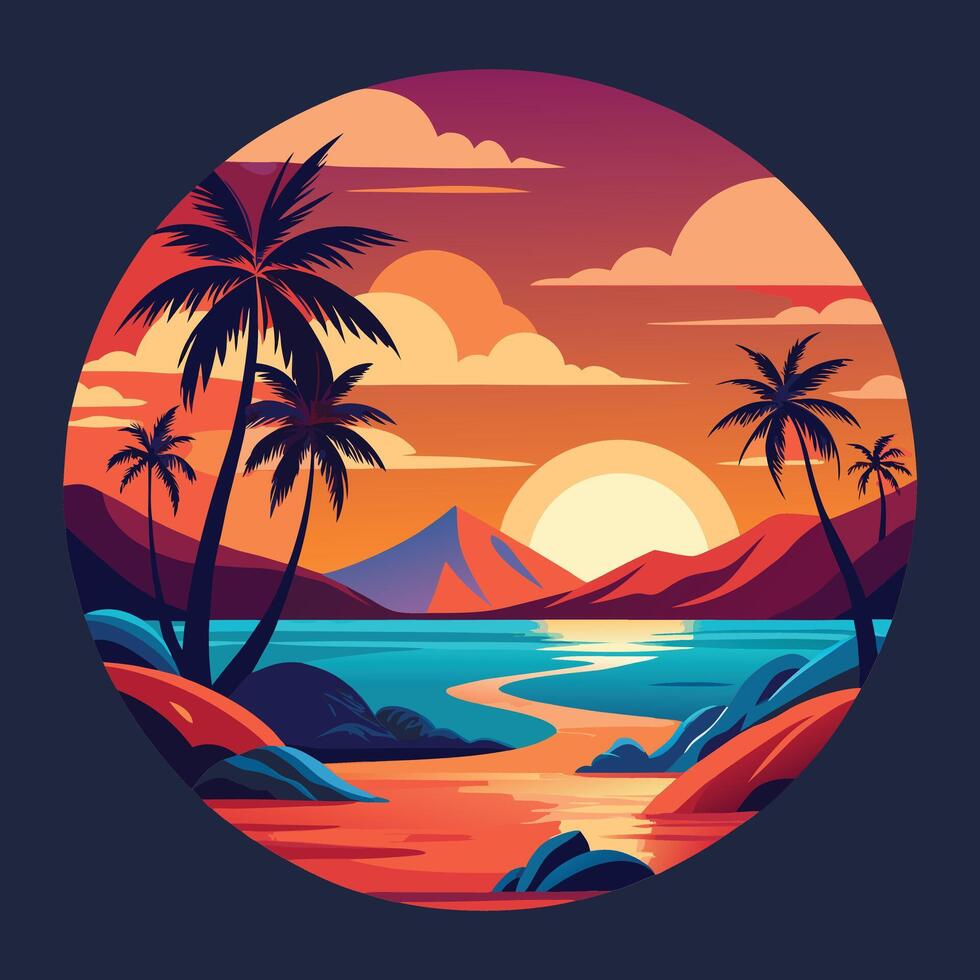 tropical sunset landscape with palm trees and mountains. vector