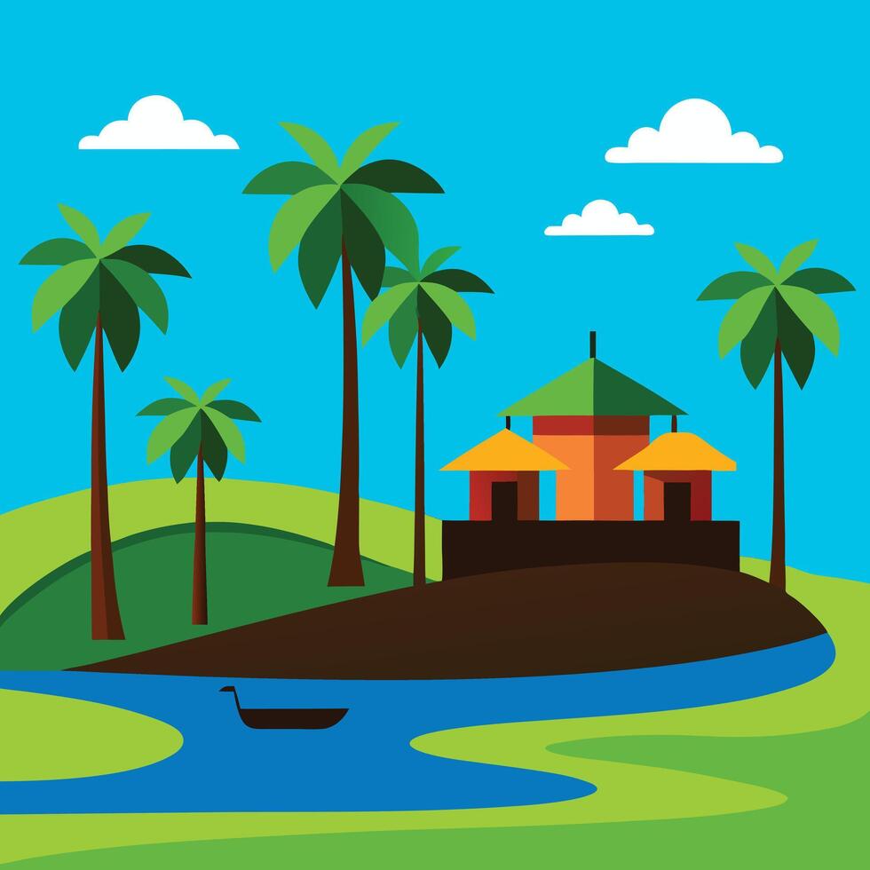 an island with a house and palm trees vector