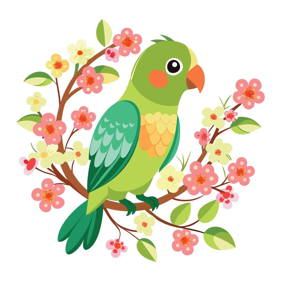 a cartoon green parrot sitting on a branch with flowers vector