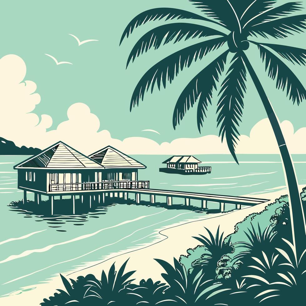 tropical beach with palm trees and a house vector