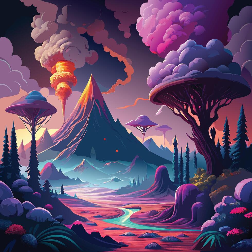 an illustration of a fantasy landscape with mushrooms and trees vector