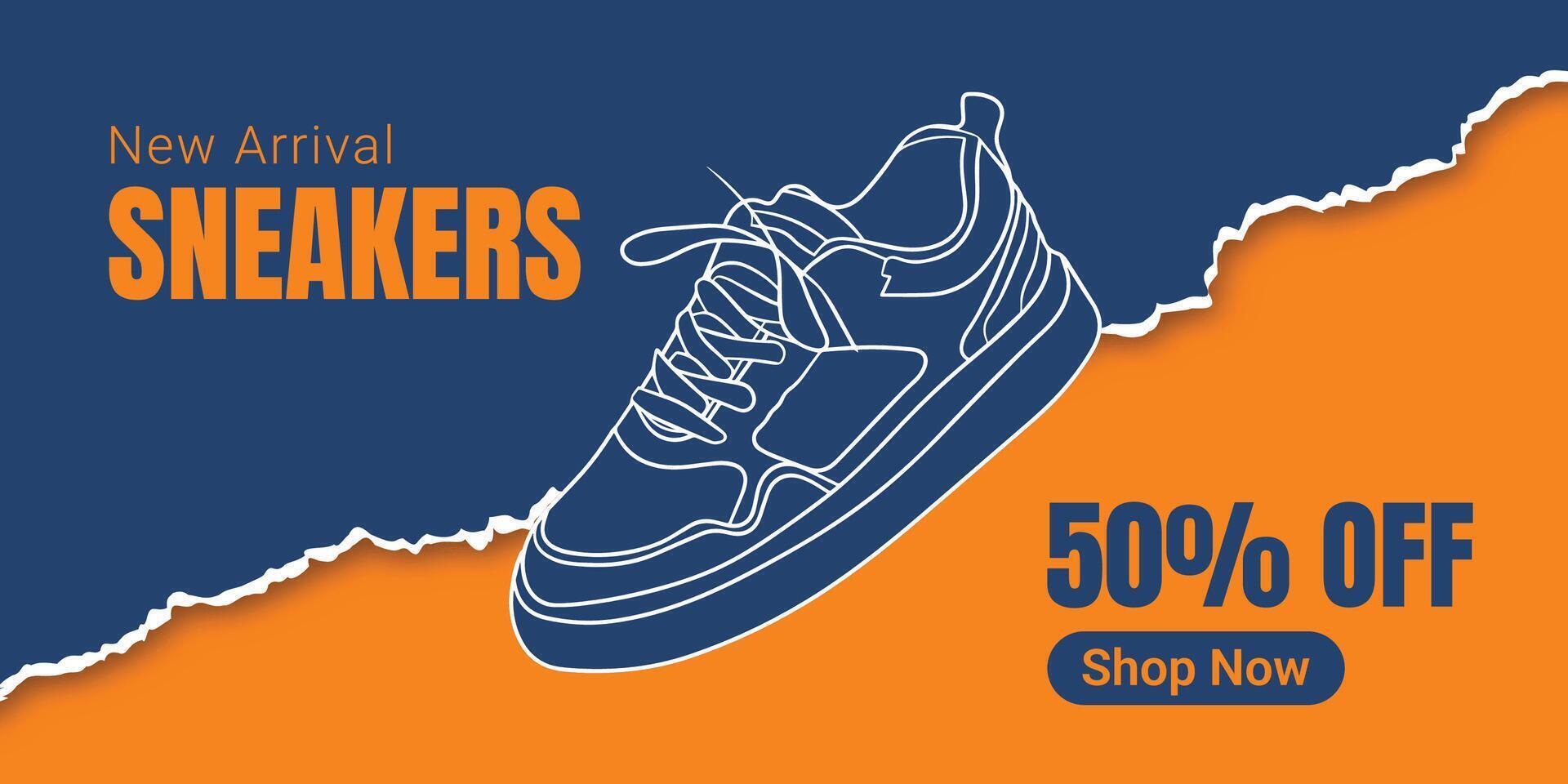 Creative promotional banner for sneaker brand. Sneakers in abstract background. Shoes sale banner for social media post. Shoe on sale slider for e-commerce, websites or social media. Readymade banner vector