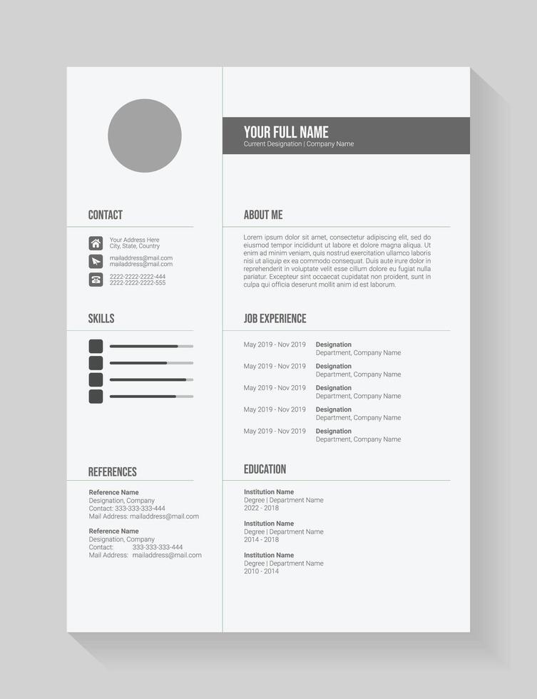 Clean and modern resume portfolio or cv template for candidates. Minimalist cv template fully editable. Professional resume letterhead, cover letter business layout for job applications. A4 size vector