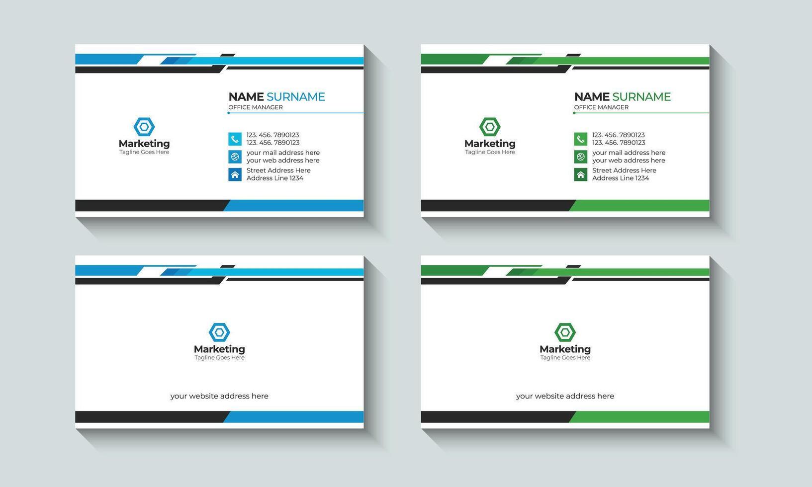 Abstract and Creative Professional Business card or Visiting Card Layout template design. Identity, Contact, Branding, Blue, Green. vector