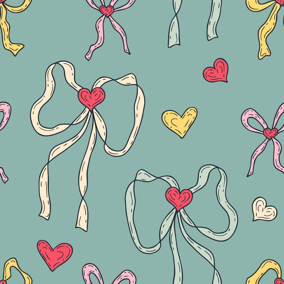 Lovely satin bow knots and hearts seamless pattern. Beautiful retro print for fabric, paper, textile. Hand drawn illustration. vector