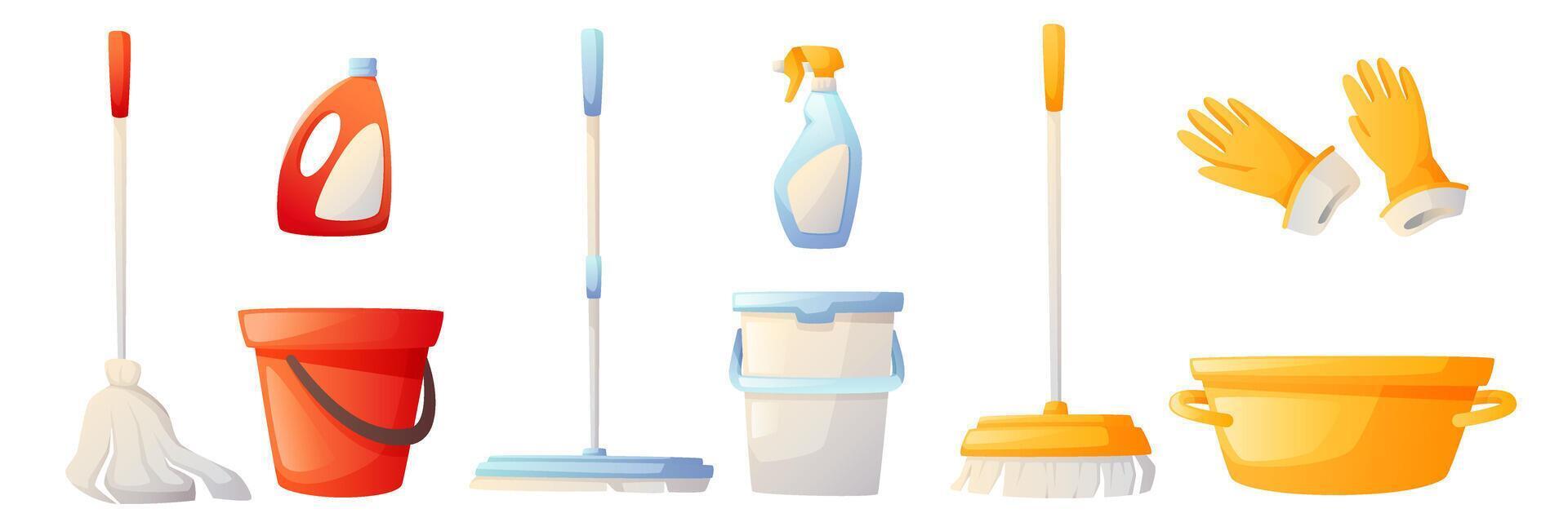 Tools, housework equipment, cleaning kit, agent, sprayer, broom, mop, bucket, house cleaning illustration. Spring cleaning, cleaning, cleanliness in the house. vector