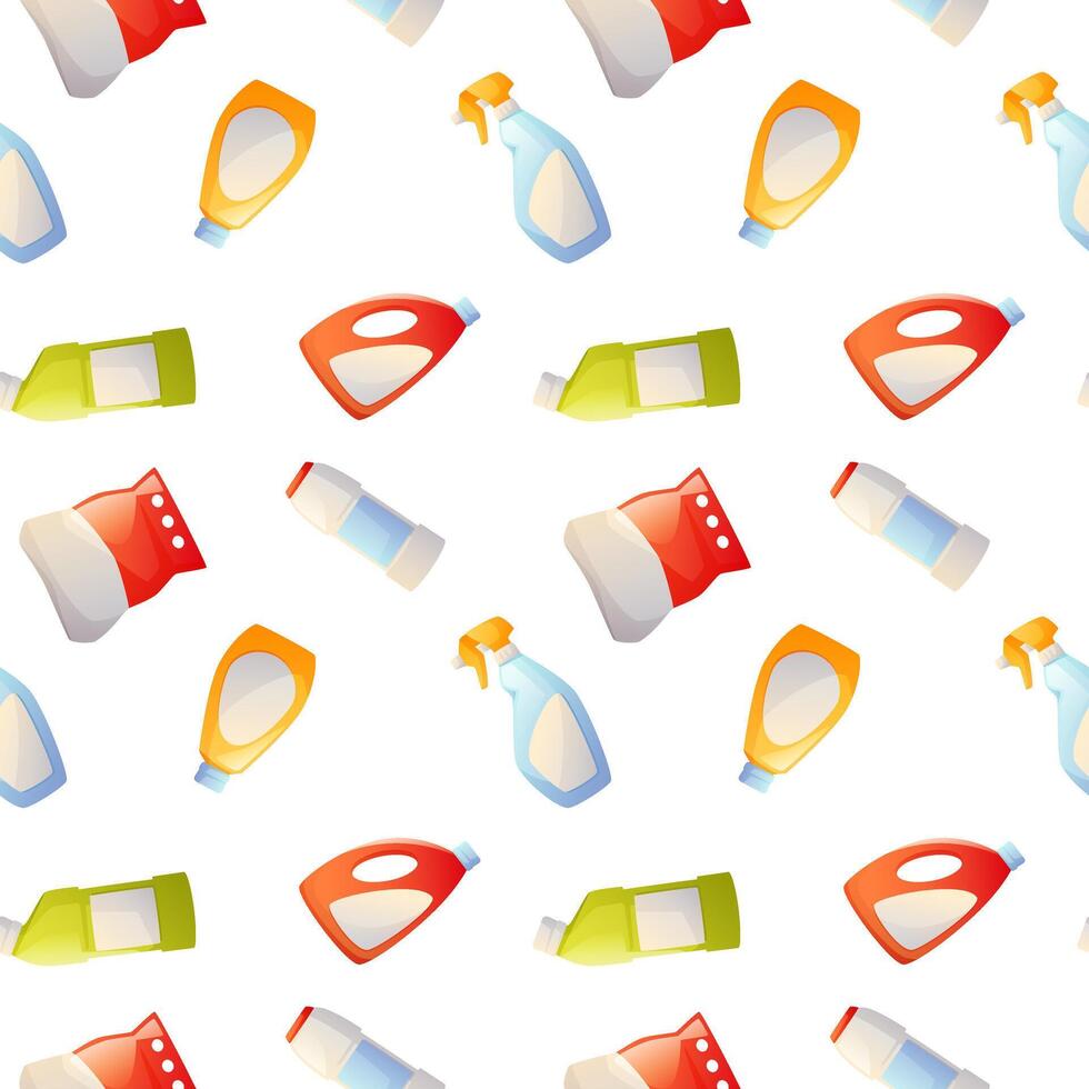 seamless pattern on the theme of home cleaning. Set, cleaning tools, cleaning agent, spray, powder, plastic bottle, packaging. Spring cleaning, cleanliness in the house. vector