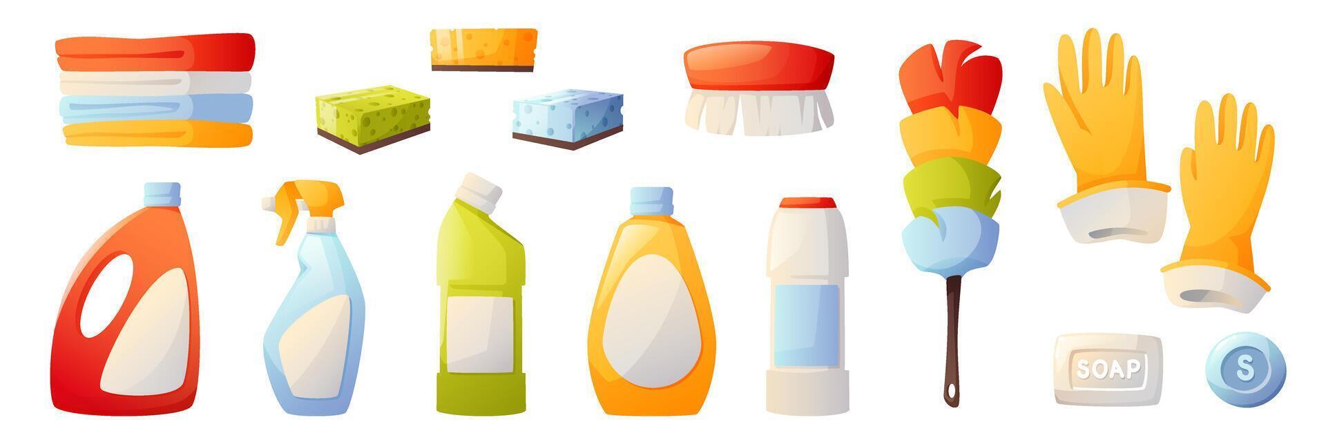 Cleaning tools, housework equipment, kit, cleaning agent, sprayer, broom, rag, sponge, house cleaning illustration. Spring cleaning, cleanliness in the house. vector