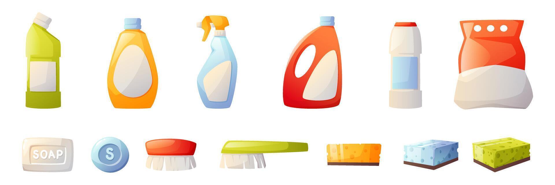 Cleaning tools, housework equipment, cleaning kit, cleaning product, sprayer, brush, sponges, soap, illustration. Spring cleaning, cleanliness in the house. vector