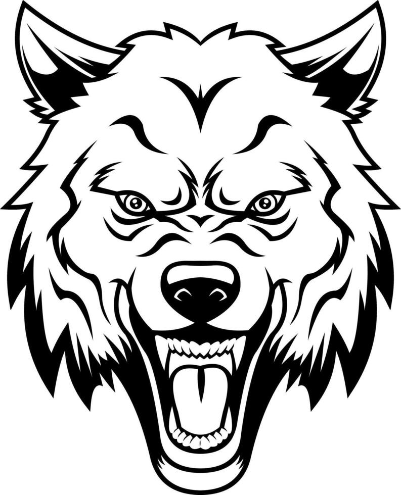 Black And White Angry Wolf Head With Sharp Teeth And Wild Look vector