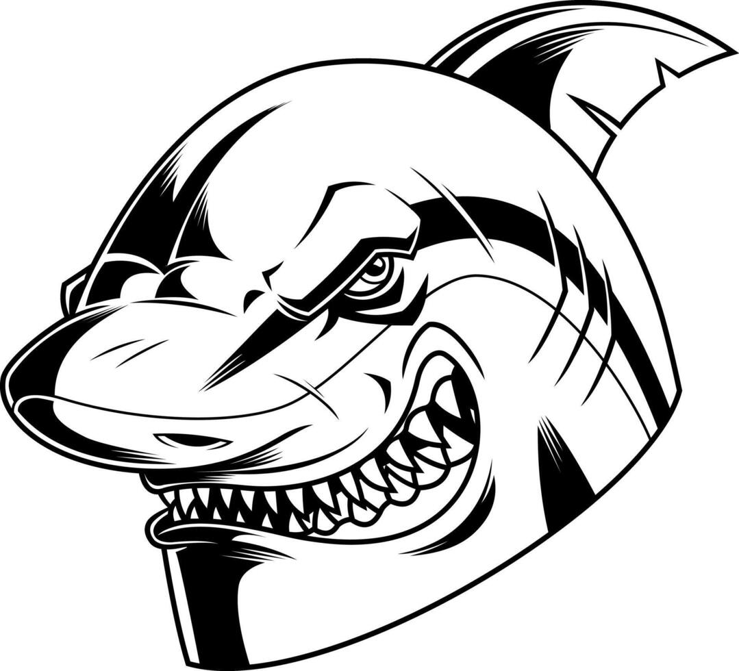 Black And White Shark Illustration With Fierce Expression And Bold Lines vector