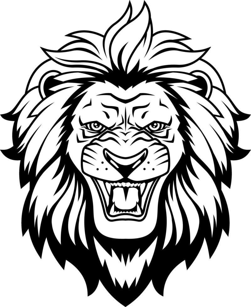 Black And White Lion Head Illustration With Roaring Mouth And Fierce Eyes vector