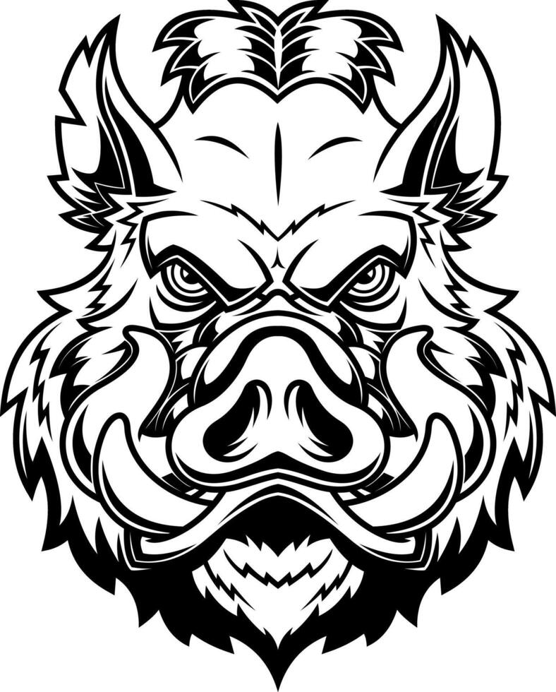 Aggressive Boar Face Drawing With Piercing Eyes And Curved Tusks vector