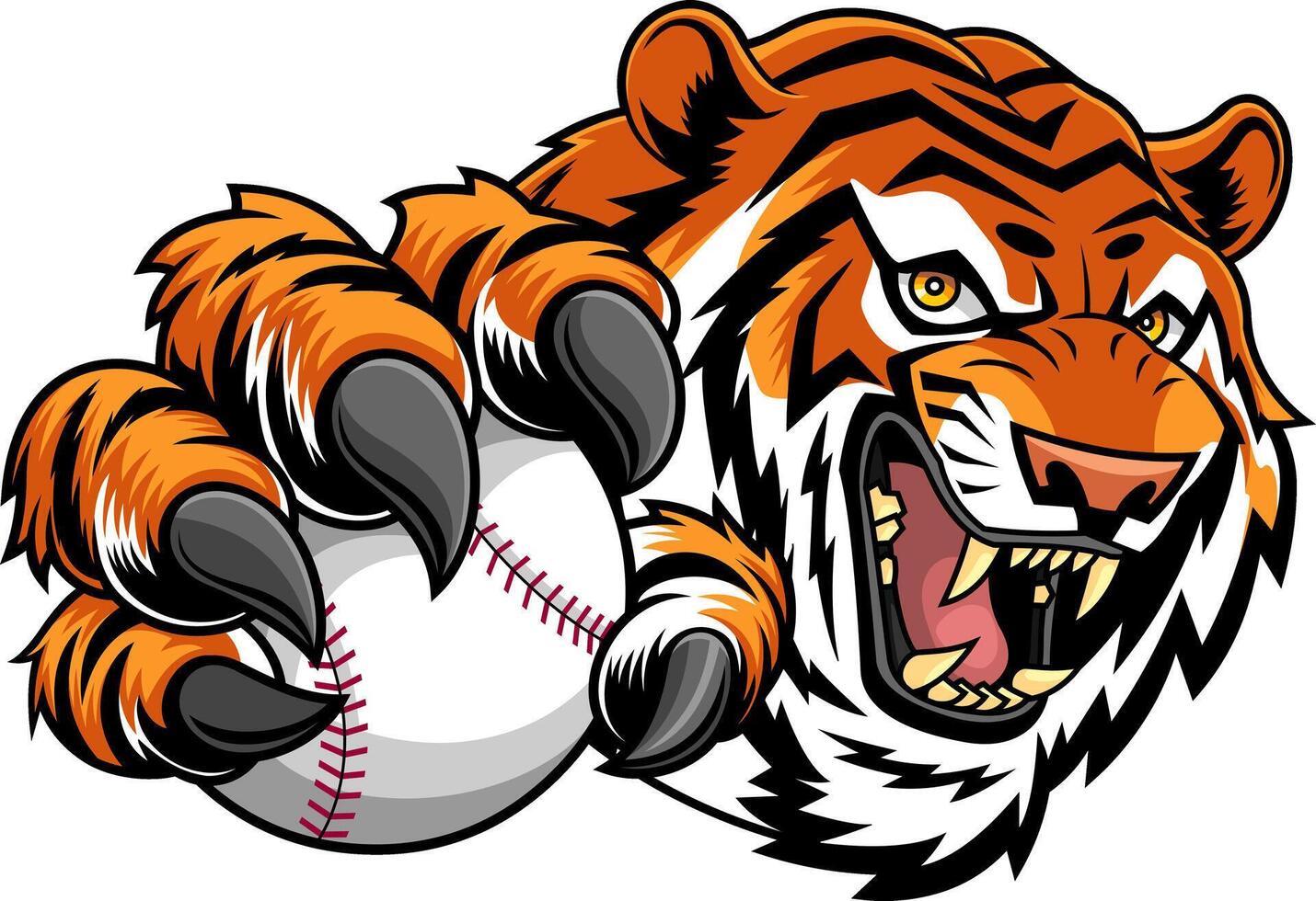 Aggressive Tiger Illustration With Open Mouth And Baseball In Paw vector