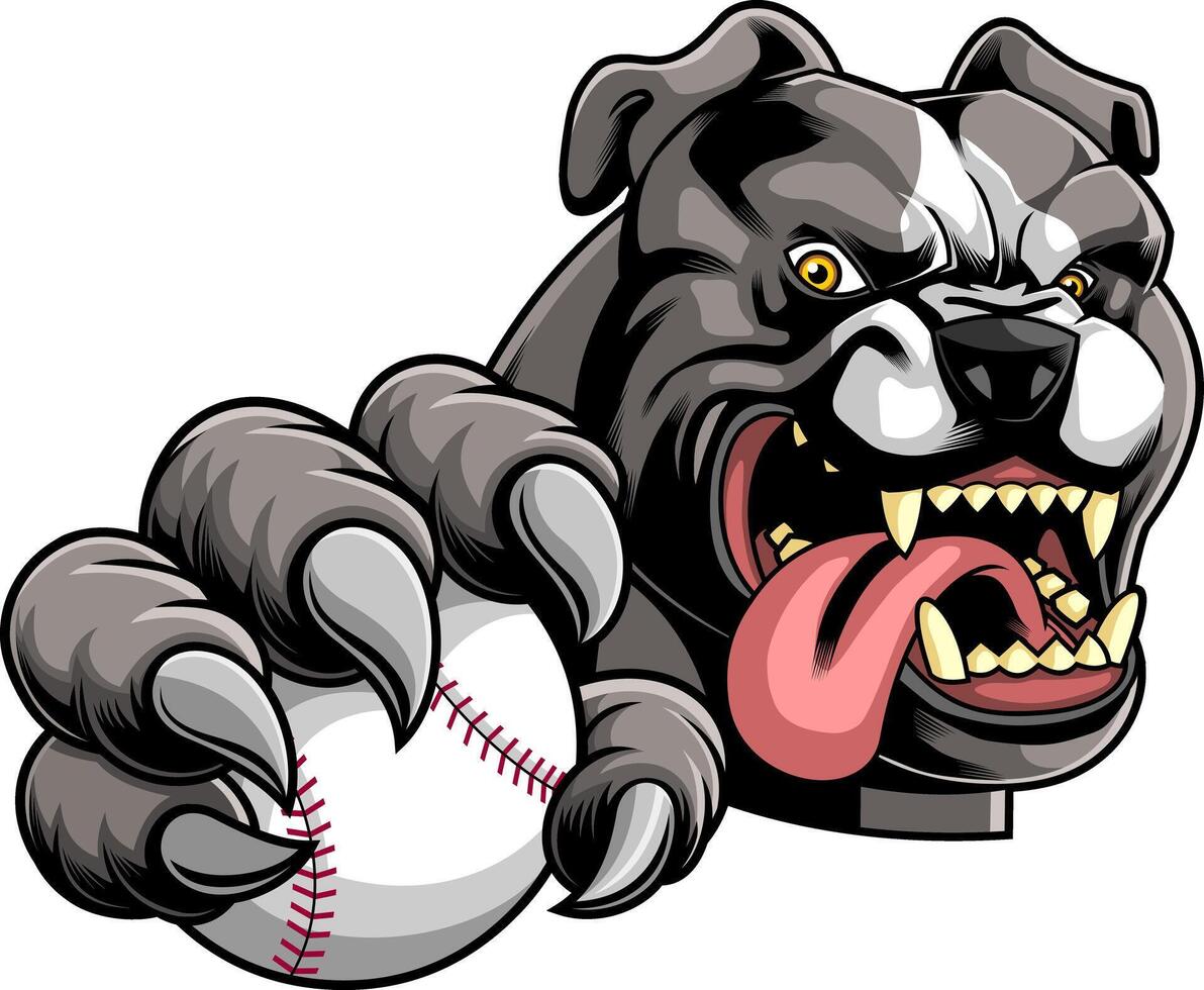 Fierce Dog Illustration With Claws Grabbing Baseball And Sharp Teeth vector