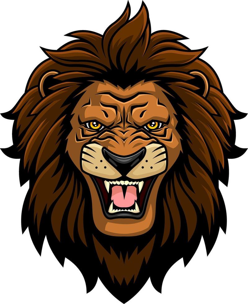Fierce Lion Head Illustration With Dark Mane And Open Mouth vector