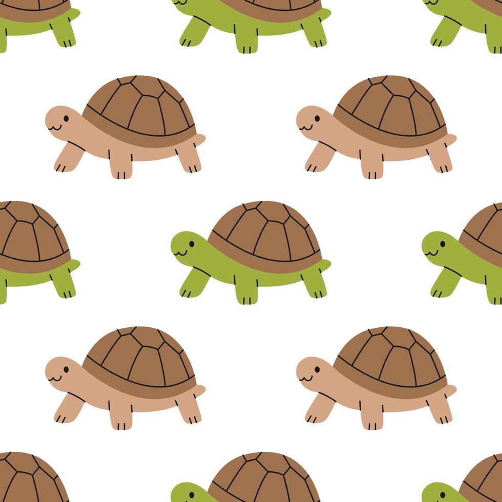 Seamless pattern with land turtles on white background. Cute tortoises. Pet, exotic animal. Domestic or wild reptile. Zoo, wild nature. Flat illustration for wallpaper, textile, packaging vector
