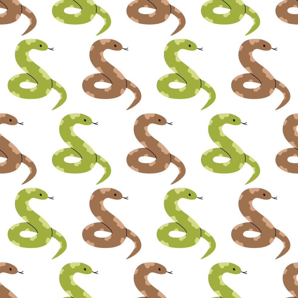 Seamless pattern with green and brown spotted snakes on white background. Cute reptile. Pet, exotic animal. Zoo, wild nature. Flat illustration for wallpaper, textile, packaging vector