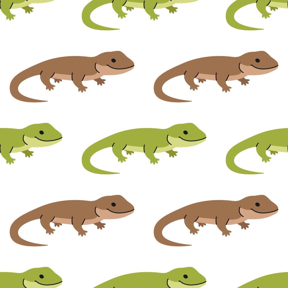 Seamless pattern with green and brown lizards on white background. Cute reptile. Geckos. Pet, exotic animal. Zoo, wild nature. Flat illustration for wallpaper, textile, packaging vector