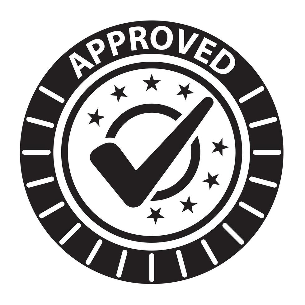 Approved Checkmark Badge Icon Official Black and White Seal for Validation and Certification vector