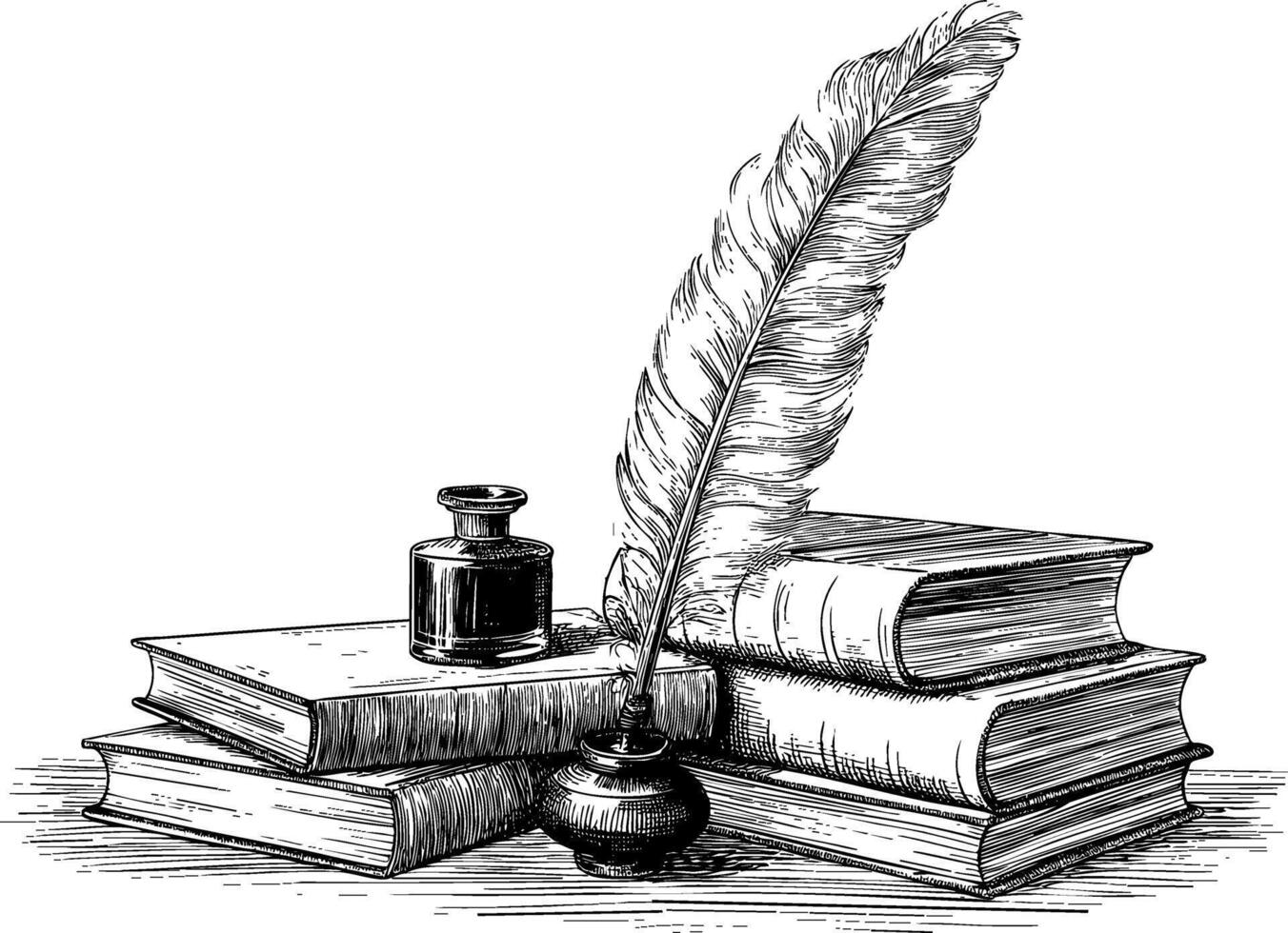 Vintage quill pen, inkwell, and books on the table illustration, sketch isolated on a beige background. vector