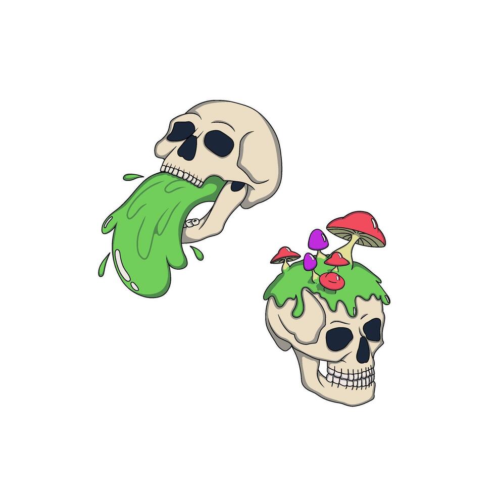 Skulls with vivid hypnotic mushroom, acid colors, a slime, neon tones. vector