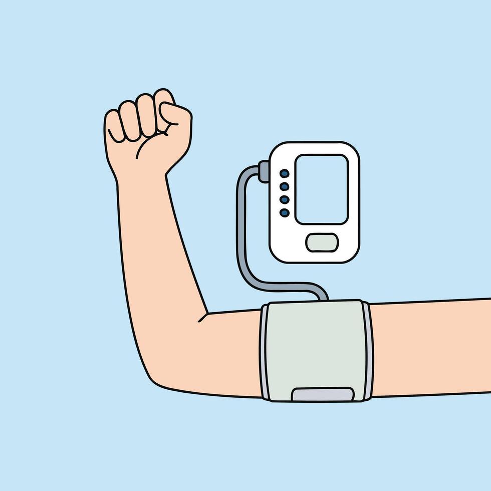 Flat cartoon style illustration of a person's arm with a blood pressure cuff and monitor attached vector