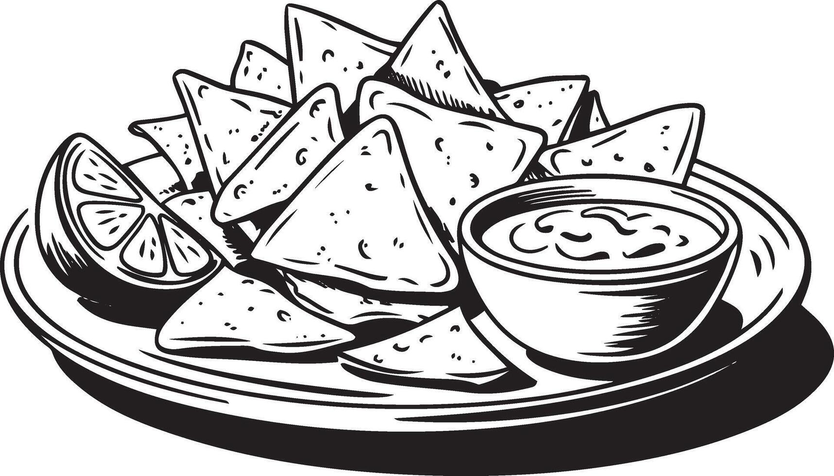 Hand drawn black and white illustration of mexican nachos with salsa and lime vector