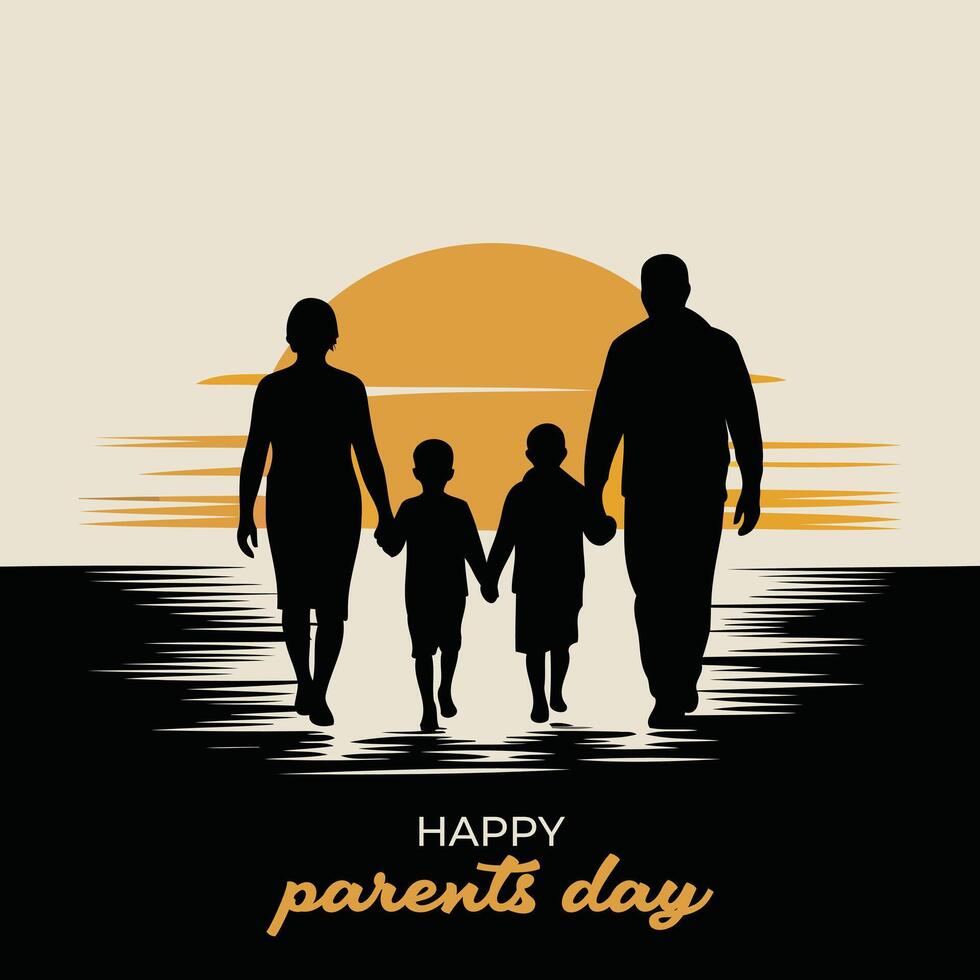 Silhouette of a happy family walking at sunset on Parents Day celebration background vector