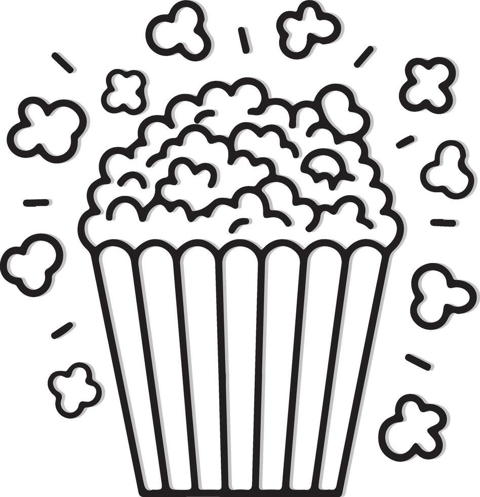 Hand drawn black and white line drawing illustration of popcorn in a container. vector
