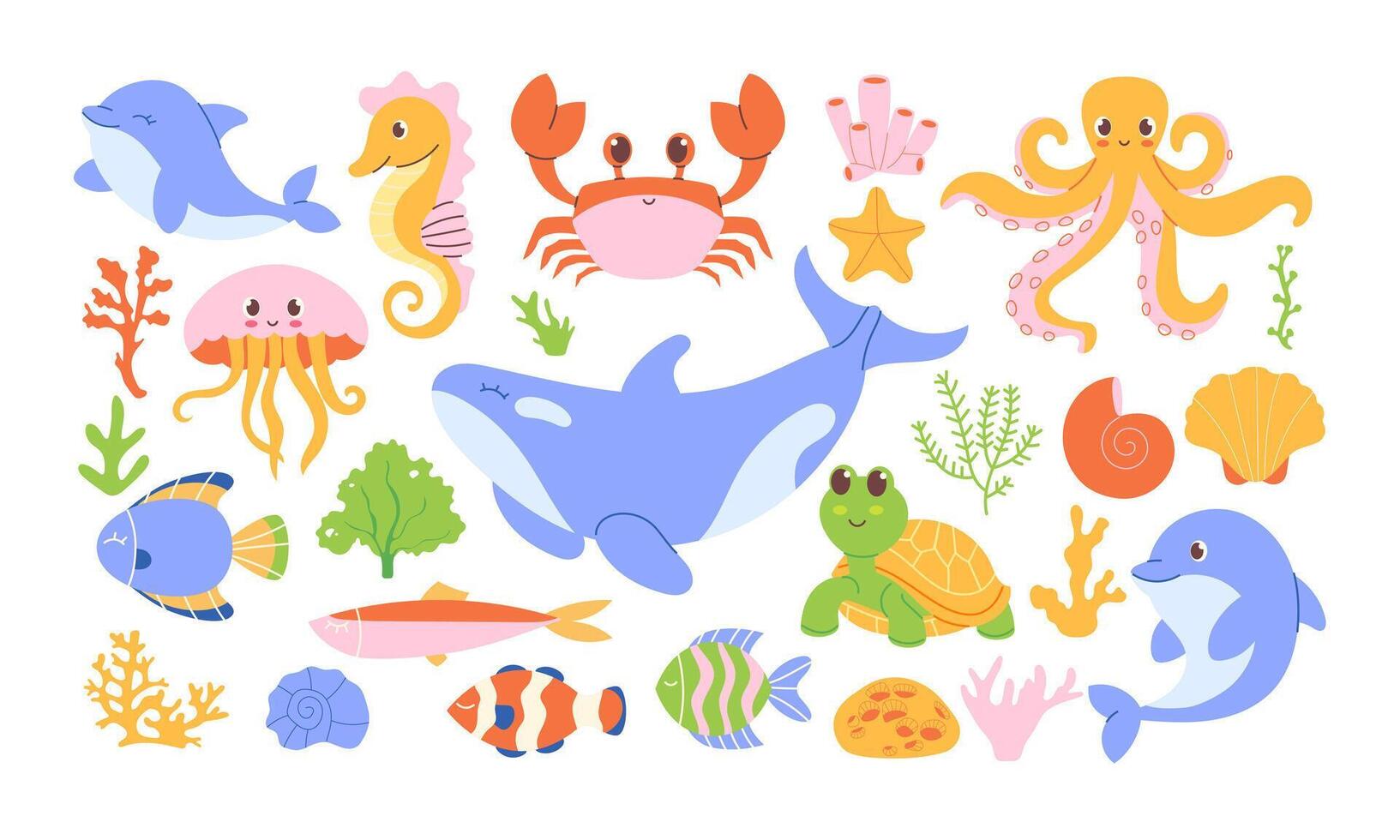 Set of hand-drawn sea animals, fish, seaweed vector