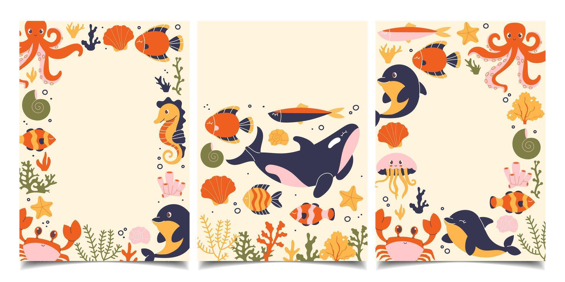 Set of templates with hand-drawn marine animals and plants vector