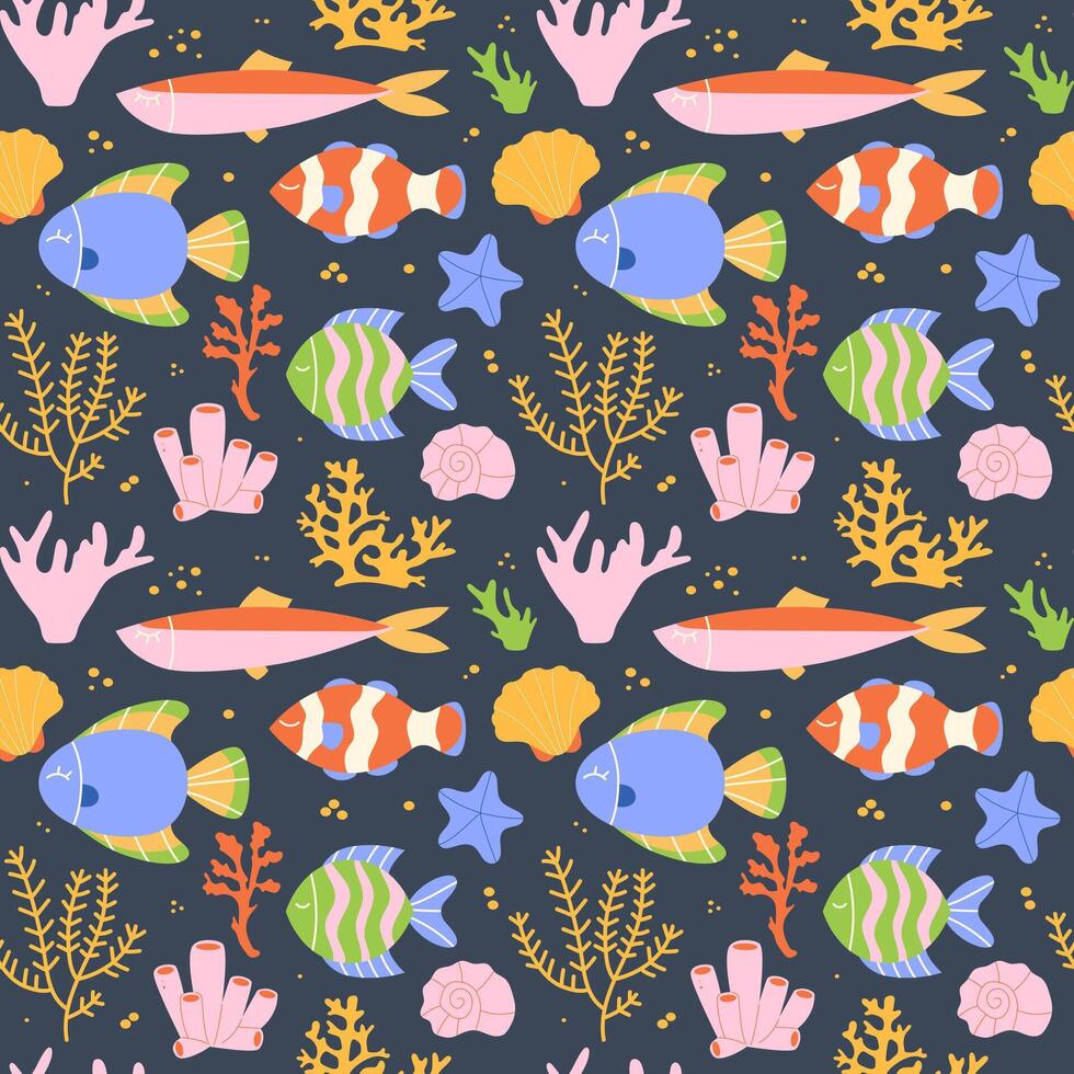 Marine seamless pattern with fish, seaweed, corals vector