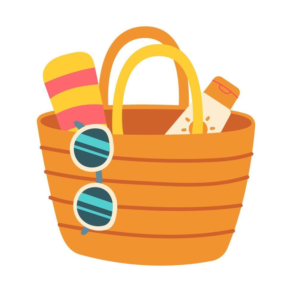 A bag with sunglasses, a bottle of sunscreen, and a beach towel. The bag is orange and has a beach theme vector