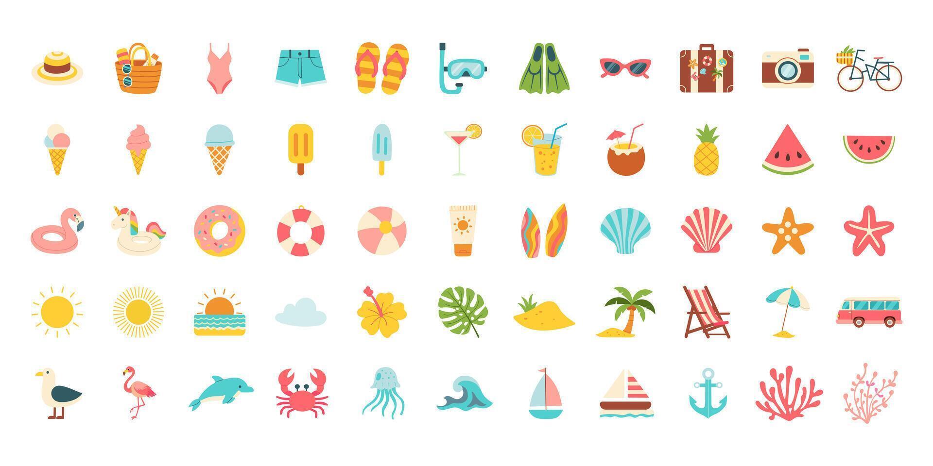 A collection of beach and summer themed icons. Some of the icons include a sun, a boat, a surfboard, a chair, a camera, and a watermelon vector