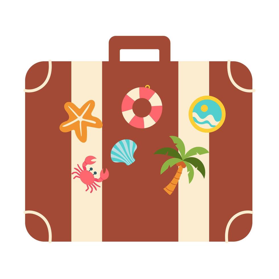 A suitcase with a crab, starfish, and other sea creatures on it. The suitcase is brown and has a white stripe vector
