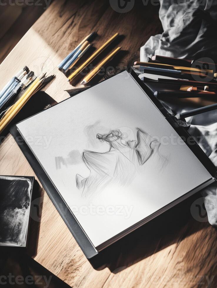 Sketchpad on a table with coloring materials. photo