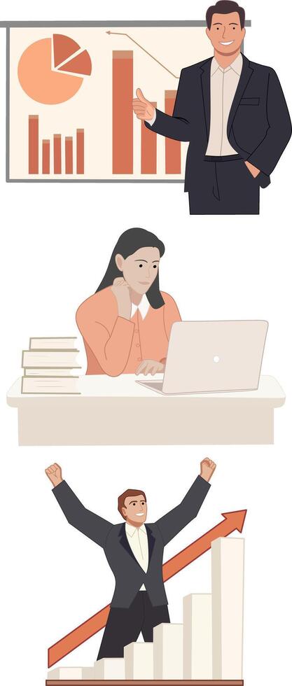Flat Business People Set Office Presentation, Remote Work, Success Growth Illustration vector