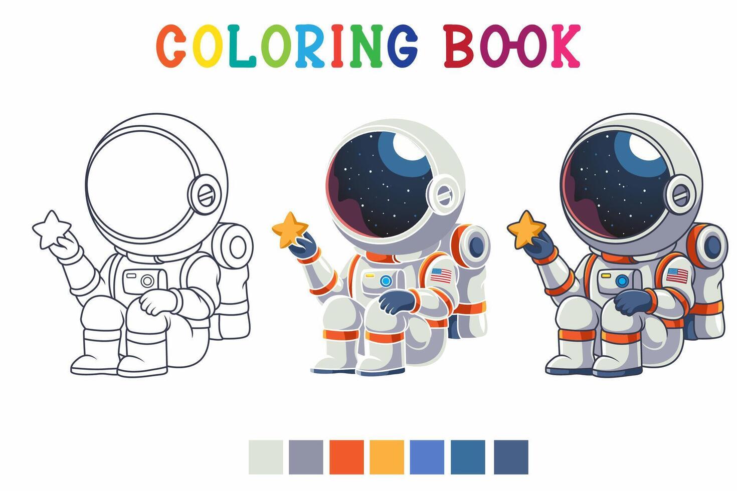 Cute little astronaut cartoon holding a star above the moon in coloring book style vector