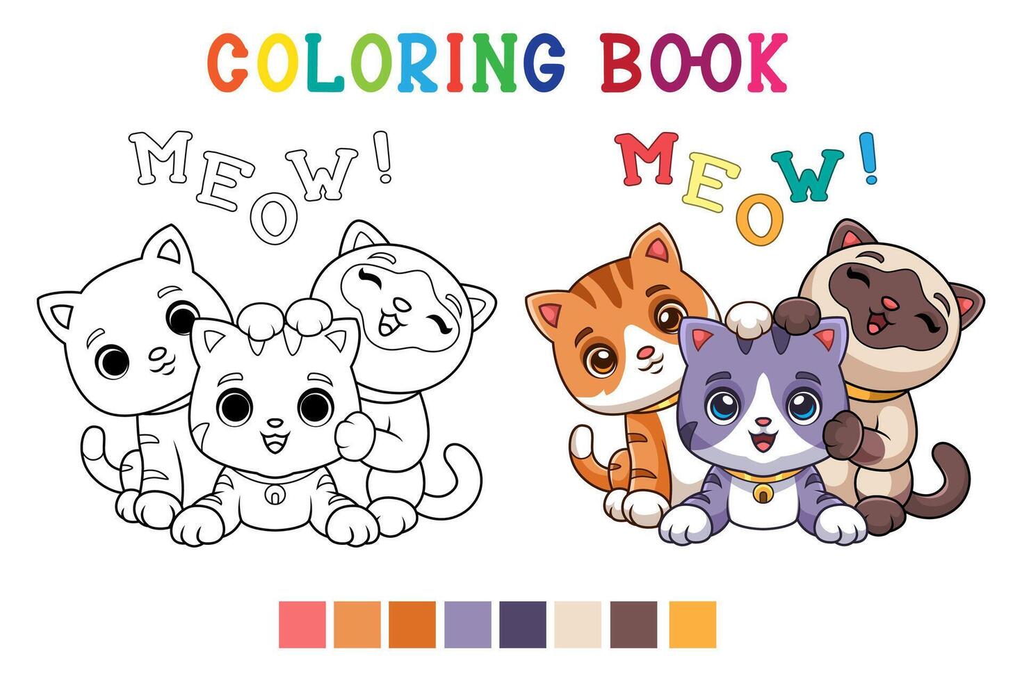 three cute cartoon kittens of different types playing together in coloring book style vector