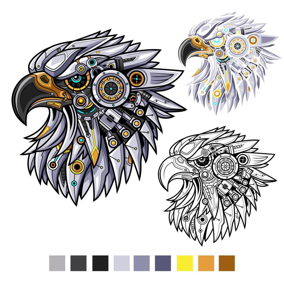 Robot eagle head with outline and color palette vector