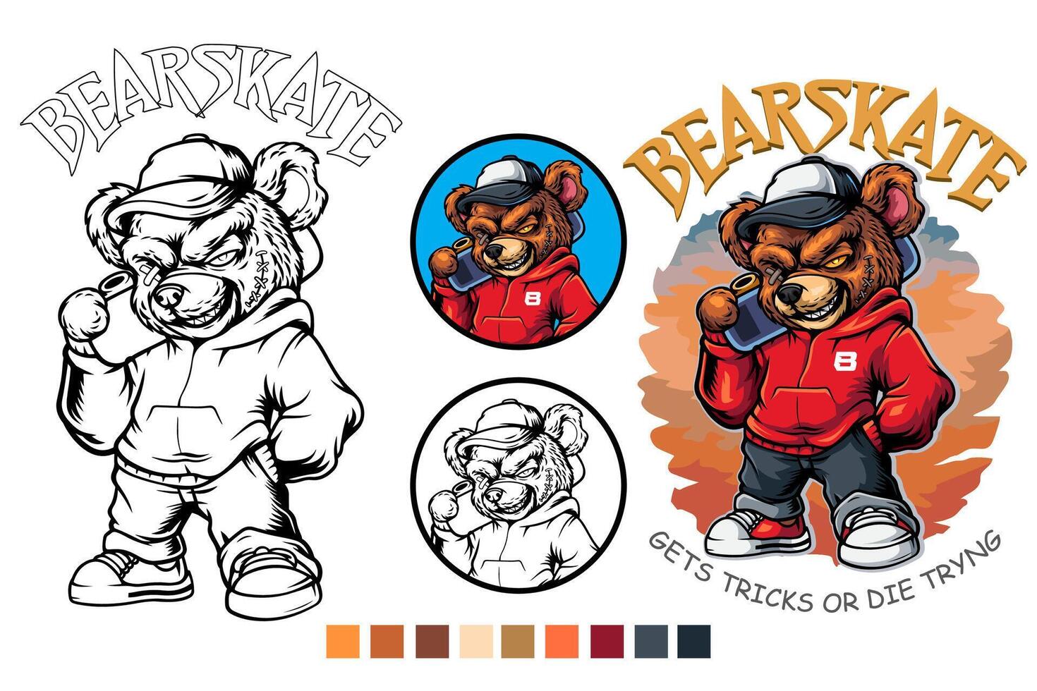 Hipster grizzly bear wearing sweater carrying skateboard vector