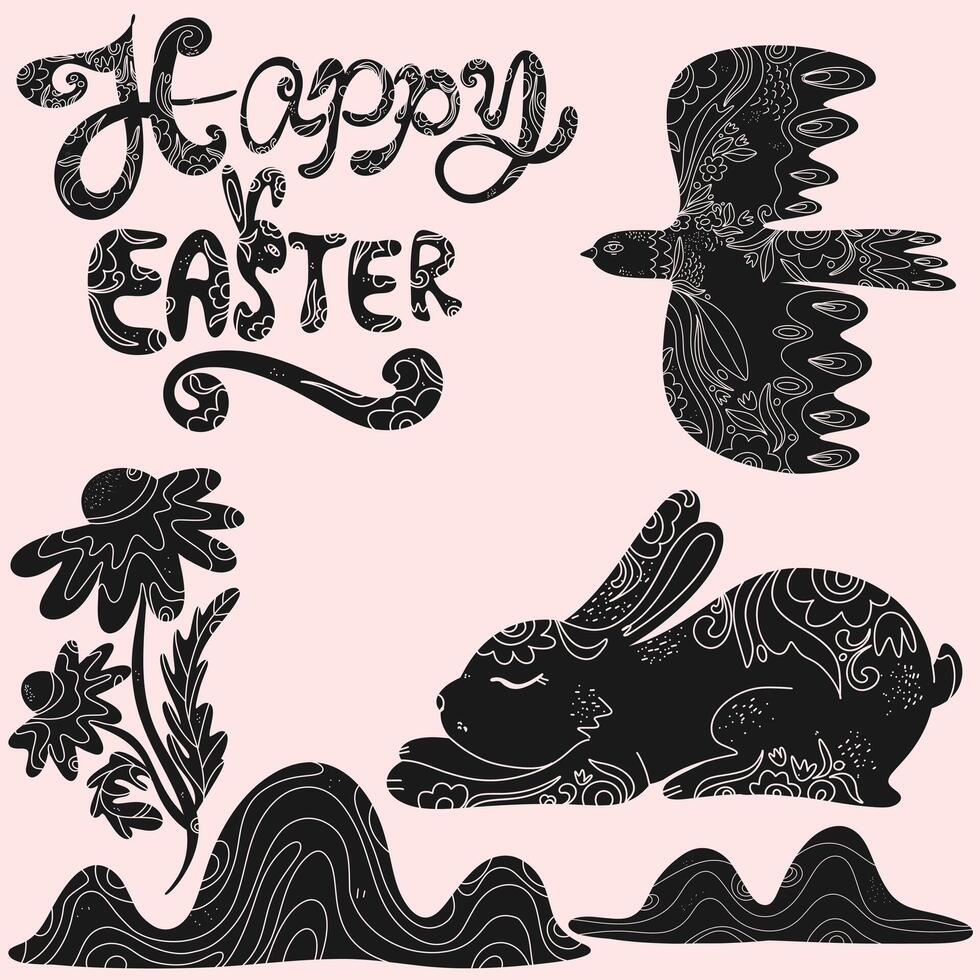 easter card with a bird, rabbit and flowers vector